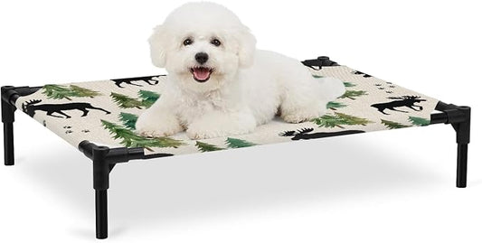 Outdoor Elevated Dog Bed for Medium Dogs, Black Green Moose Breathable Cooling Raised Dog Cot for Indoor/Outdoor, Modern Animals Trees Rustic Waterproof Elevated Pet Beds, M 24 x 20 in