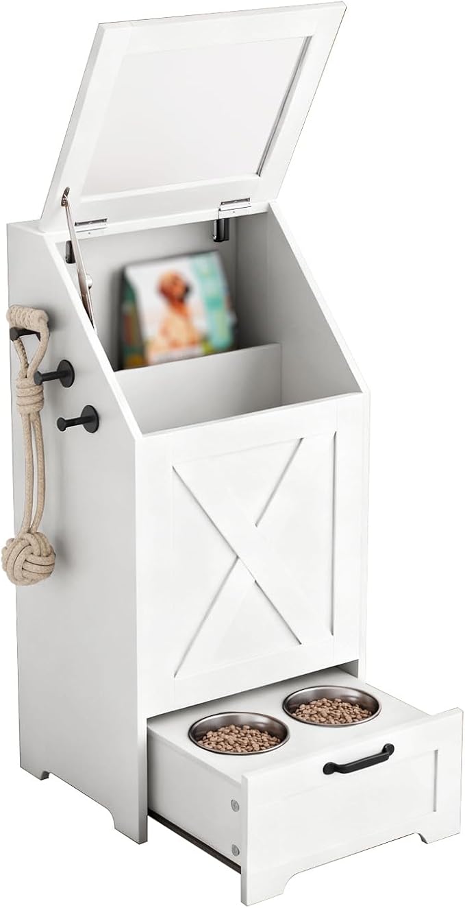 White Dog Feeding Station with Storage & Bowls | Pet food cabinet, 2 elevated bowls, 3 hooks, glass flip cover, anti-tipping device, for dogs.