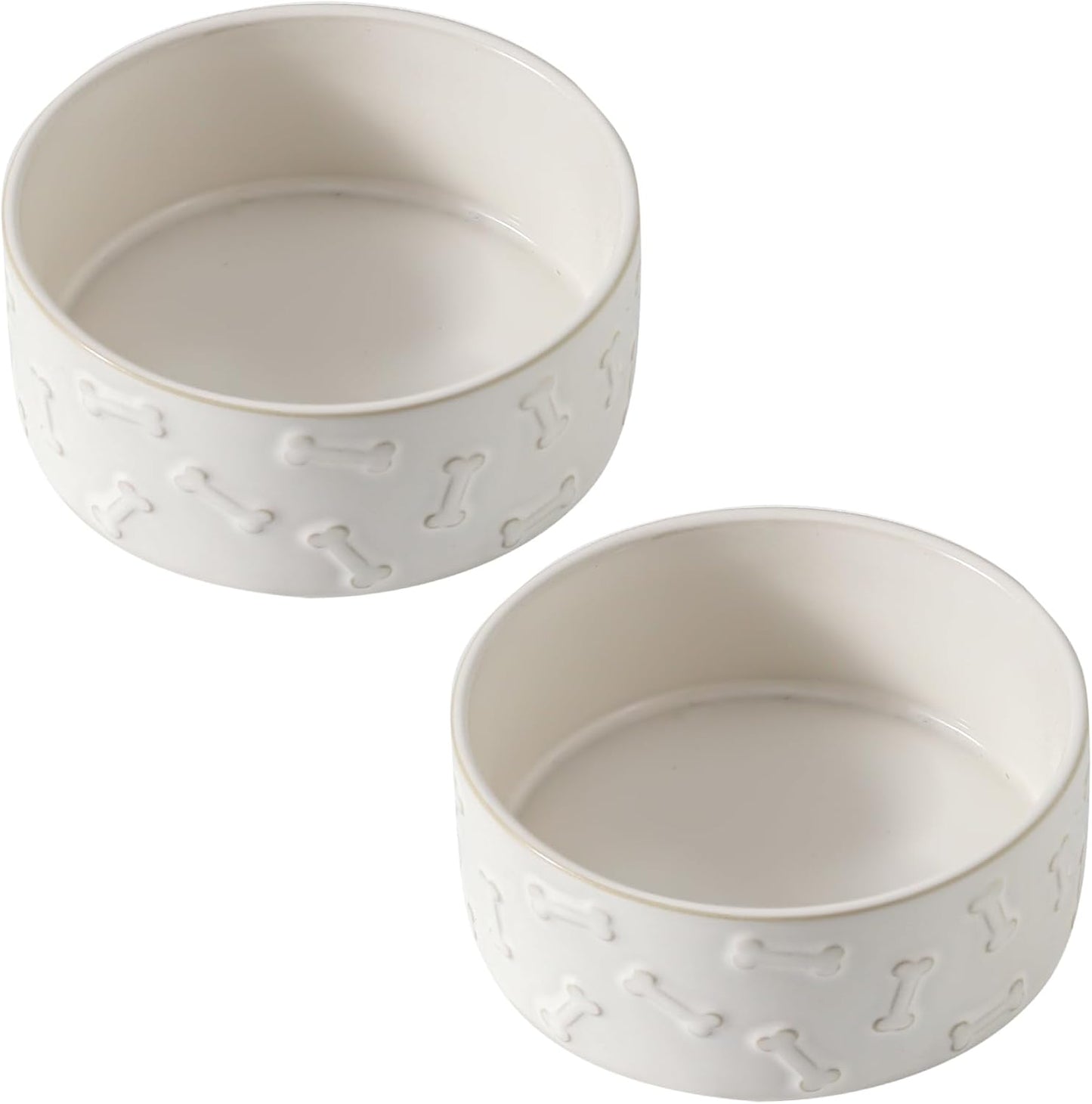 UBEE Ceramic Dog Bowl Set of 2, 5.1 inch Dog Food Bowl with Bone Pattern, Pet Food Water Dish Feeding for Small Dogs and Large Cat, White