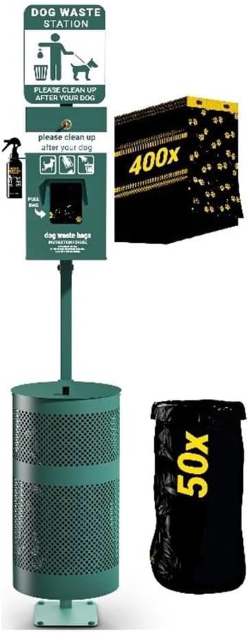 Pemberly Row Pet Waste Station, Galvanized Steel, 76 in Height, Green Finish, Lidded Trash Can with Pull-Out Bag Dispenser, Glow-in-The-Dark Signage, Includes Waste Bags and Liners for Outdoor Use