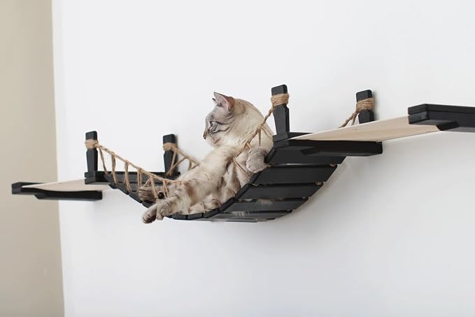 CatastrophiCreations Cat Bridge Wall-Mounted Play and Lounge Toy Cat Tree with Fabric Lounger for Pets - English Chestnut/Charcoal Gray, One Size