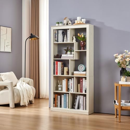 5 Tier Bookshelf with Open Back Storage - Modern Wood Bookcase Furniture Organizer - Cube Modular Shelving Unit Display Case for Living Room, White Oak