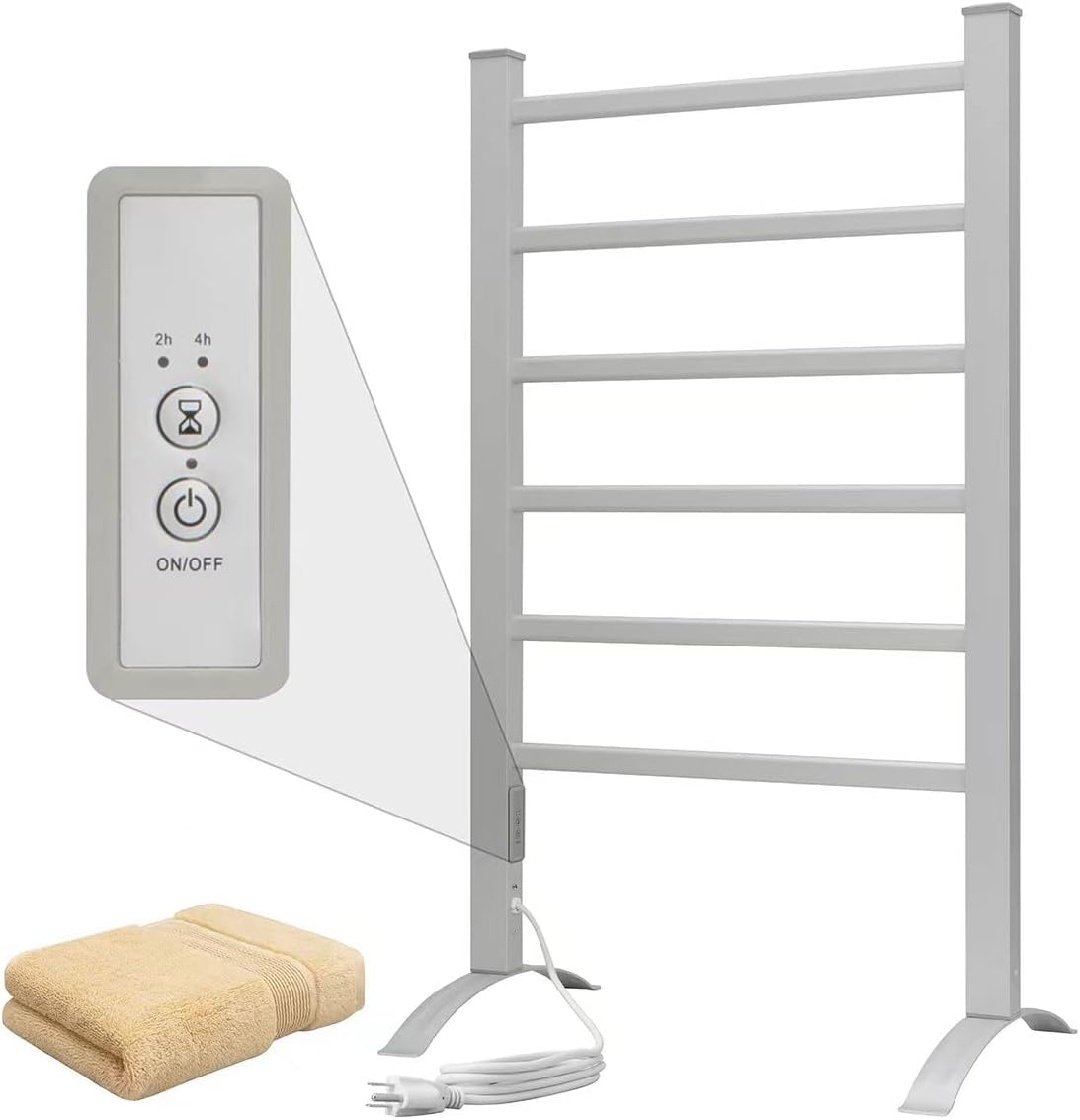 KEG Towel Warmer 6 Bars for Bathroom Freestanding or Wall Mounted Bath Towel Heater Plug-in with Built-in Timer Silver
