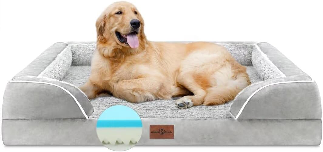 Comfort Expression Memory Foam Dog Beds Large Sized, Orthopedic Dogs Beds Washable, XL Dog Beds with Removable Cover, Waterproof Pet Sofa Couch with Bolster(X-Large,Light Grey)