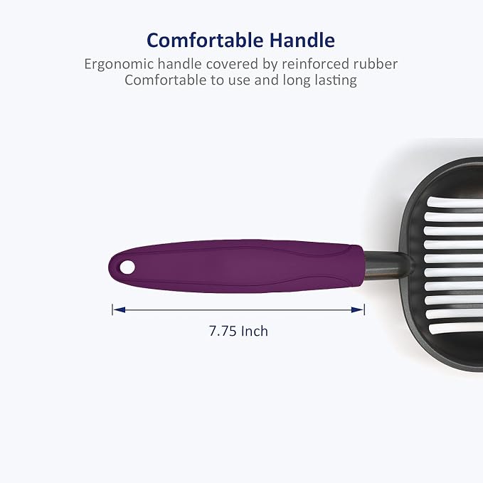 Cat Litter Scoop, Non-Stick Plated Aluminum Alloy Sifter, Kitty Durable Metal Scooper, Deep Shovel, Long Handle, Kitten Pooper Lifter, Size Large, Coated Black Body with Violet Handle