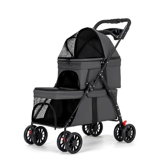 YYW Double Pet Stroller for Dogs and Cats, One-Hand Foldable Dog Stroller with Cup Holder