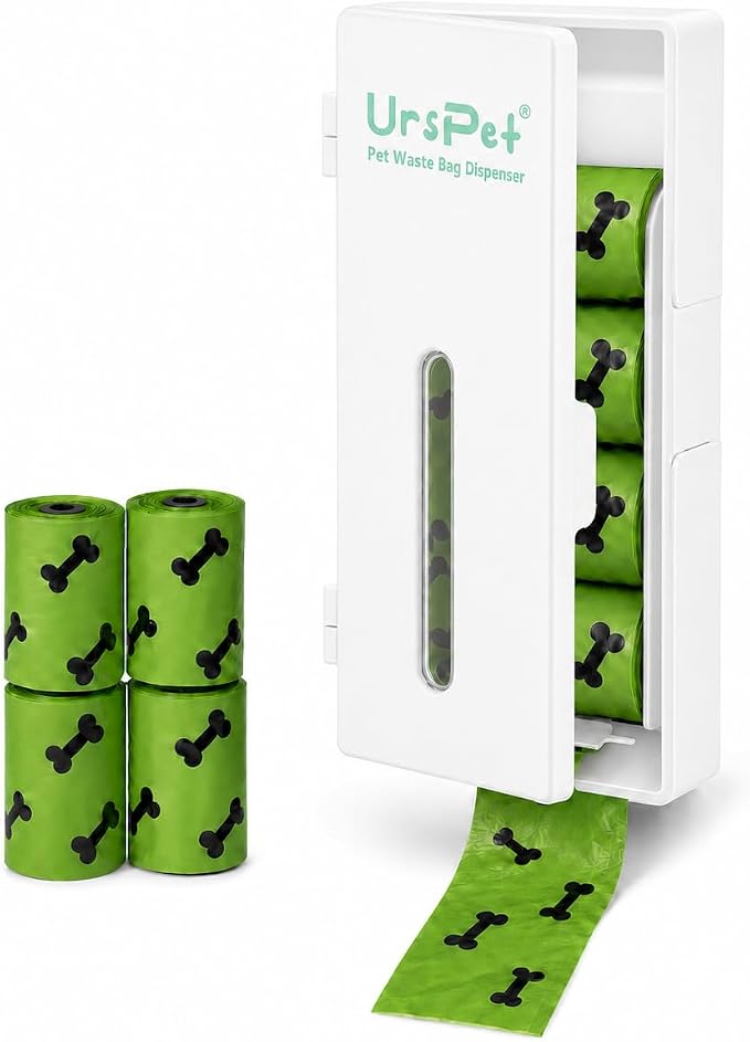 URSPET Dog Poop Bag Dispenser with 4 Rolls, Wall Mount Pet Waste Holder | Stick-On or Screw-On, Viewing Window, Easy Bag Pull, Flip-Top Refill, 60 Bags Included, Indoor and Outdoor Use