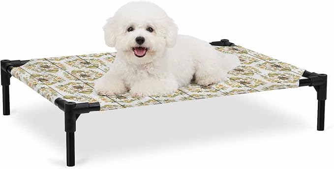 Outdoor Elevated Dog Bed for Medium Dogs, Classic Bees Breathable Cooling Raised Dog Cot for Indoor/Outdoor, Summer Spring Floral Animals Wooden Waterproof Elevated Pet Beds, M 24 x 20 in