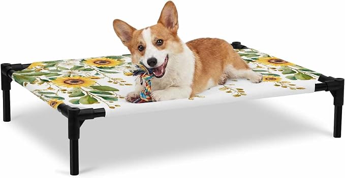 Outdoor Elevated Dog Bed for Large Dogs, Hanging Floral Breathable Cooling Raised Dog Cot for Indoor/Outdoor, Spring Botanical Sunflower Green Leaves Waterproof Elevated Pet Beds, L 28 x 22 in