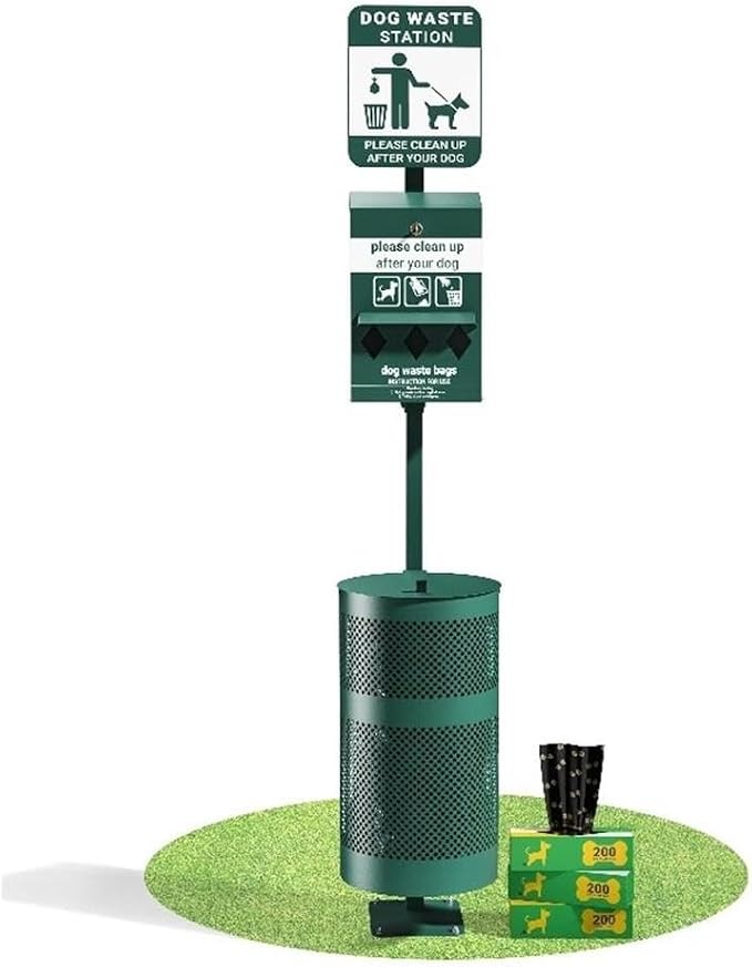 Pemberly Row Pet Waste Station, 76 in Galvanized Steel, Green Finish, Triple Roll Bag Dispenser, Lidded Trash Can, Glow-in-the-Dark Sign, Hand Sanitizer, Commercial & Residential Outdoor Use