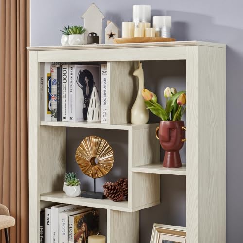 5 Tier Bookshelf with Open Back Storage - Modern Wood Bookcase Furniture Organizer - Cube Modular Shelving Unit Display Case for Living Room, White Oak