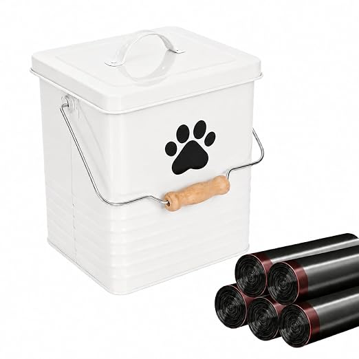 1.85Gal/7L Small Outdoor Trash Can with Lid, Metal Dog Poop Trash Can Outside, Dog Waste Container Bucket Handle(75 Trash Bags Included)-White