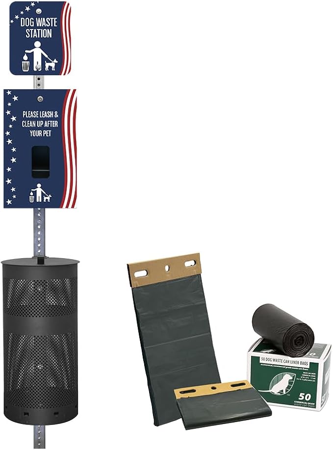 ZERO WASTE USA - Aluminum Dog Waste Station - Stars & Stripes | Matte Black | DISPENSE-ART™ UV printed aluminum station with MittN™ mitten bags, 25% more dispenser storage, commercial outdoor design