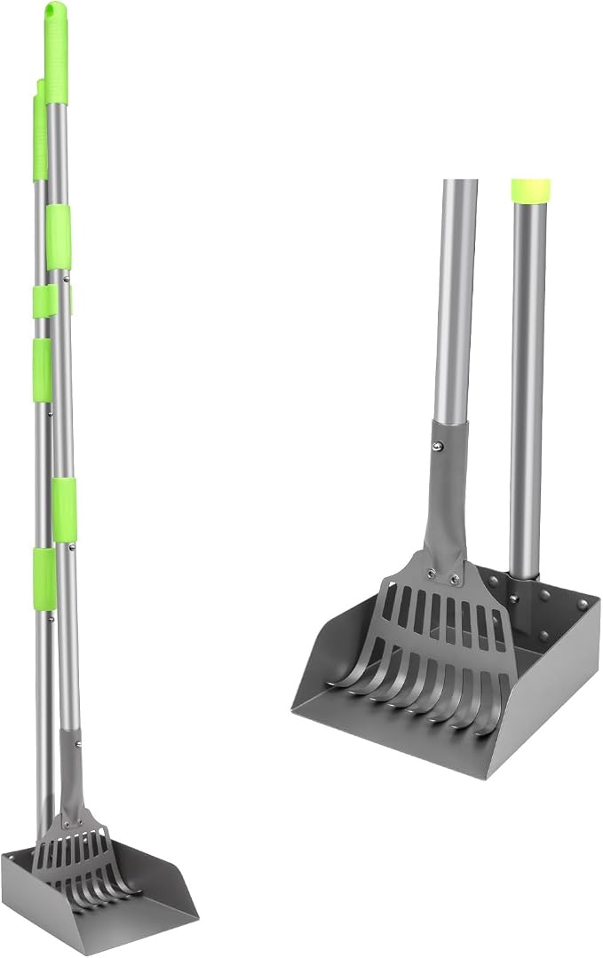 Non-Breakable Pooper Scooper, Dog Pooper Scooper Tray & Rake Set with Adjustable Stainless Steel Long Handle for Large Medium Small Dogs (Green)