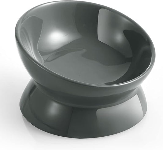 LoeJan Elevated Cat Food Bowl, 5 Oz Ceramic Raised and Tilted Water Bowl, Anti Vomiting and Protect Pets' Spines Dishes for Small Dog, Fat Faced Cat, Kitten (Gray, 1 Pack)