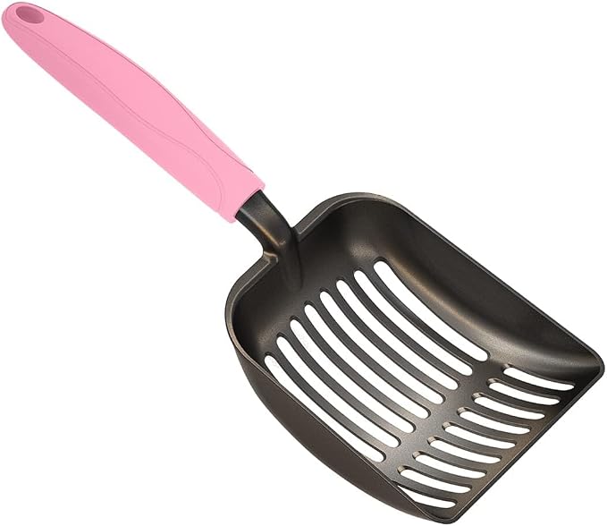 Cat Litter Scoop, Non-Stick Plated Aluminum Alloy Sifter, Kitty Durable Metal Scooper, Deep Shovel, Long Handle, Kitten Pooper Lifter, Size Medium, Coated Black Body with Pink Handle