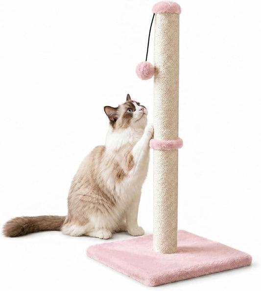 Dimaka Tall Cat Scratching Post, Claw Scratcher with Sisal Rope and Covered with Soft Smooth Plush, Vertical Scratch [Full Strectch] for Standard Size Cats (Pink, 29 inches for All Cats)