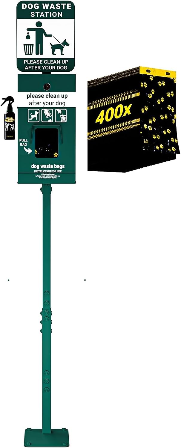 Flash Furniture Mini Pet Waste Station, 400 Bags, Green | Glow in the Dark Sign, Pull Out Waste Bag Dispenser, Hand Sanitizer
