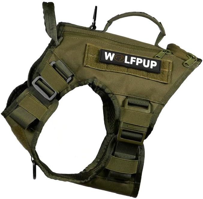 WOLFpak Tactical Dog Vest Harness No Pull Breathable MOLLE(OD Green, Large) | Dual Grab Handles, 1000D Nylon, Four-Point Adjustment, MOLLE Attachment Panels, Three Storage Pockets, Metal Alloy Buckles