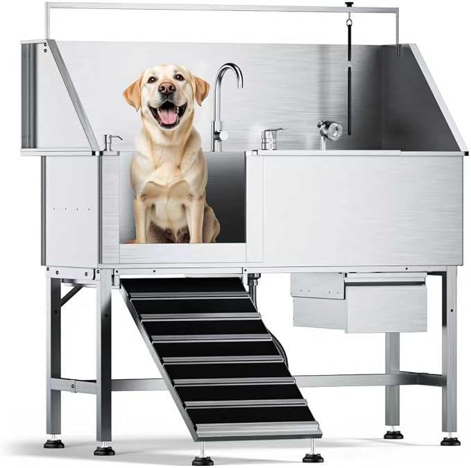 56" Dog Washing Station, 304 Stainless Steel, 600 lb, Side Ramp | 1mm Thick, hot cold faucet, fixed sprayer, shampoo dispenser, storage drawer, S-trap, hair filter, garage outdoor grooming