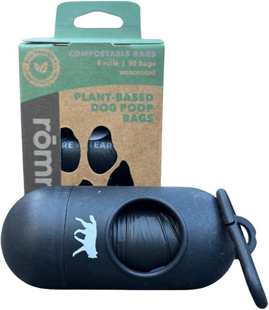 ROMNG Compostable Dog Poop Bags with Balck Dispenser, Plant-Based, TUV Certified, Unscented, Leak-Proof, 7 Rolls, 105 Bags, Black
