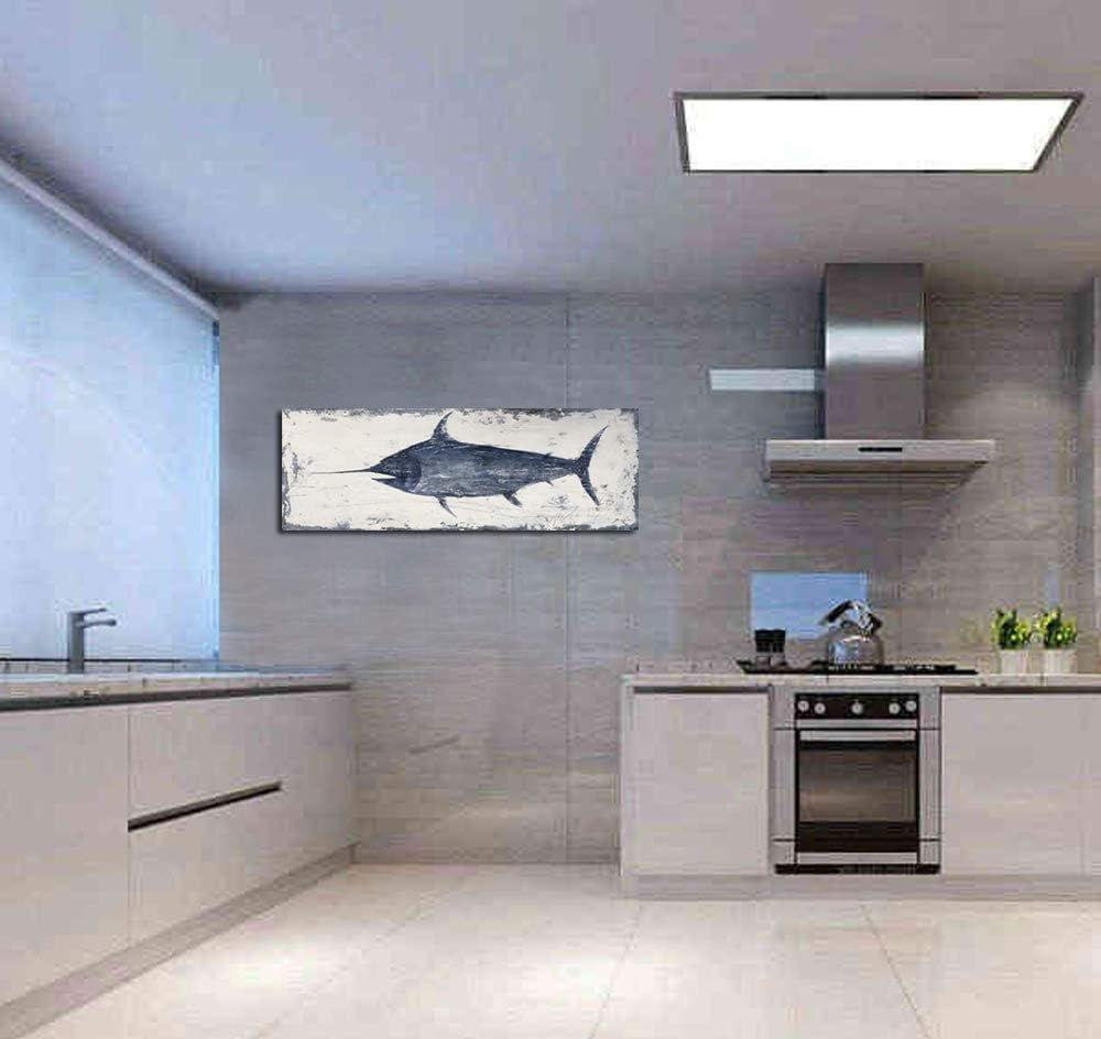 Yihui Arts Indigo Blue Swordfish Canvas Wall Art Painting Pictures for Living Room Bedroom Bathroom Decor