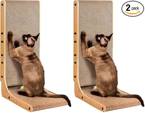 EHEYCIGA Cardboard Cat Scratcher for Indoor Cats, 26.8 Inch L Shaped Vertical Cat Scratching Board with Ball Cat Toy, Large Cat Scratcher Pad, Brown (Pack of 2)
