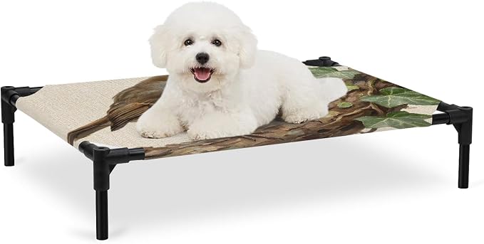 Outdoor Elevated Dog Bed for Medium Dogs, Bird Breathable Cooling Raised Dog Cot for Indoor/Outdoor, Ivy Branch Animal Green Botanical Leaf Rustic Waterproof Elevated Pet Beds, M 24 x 20 in
