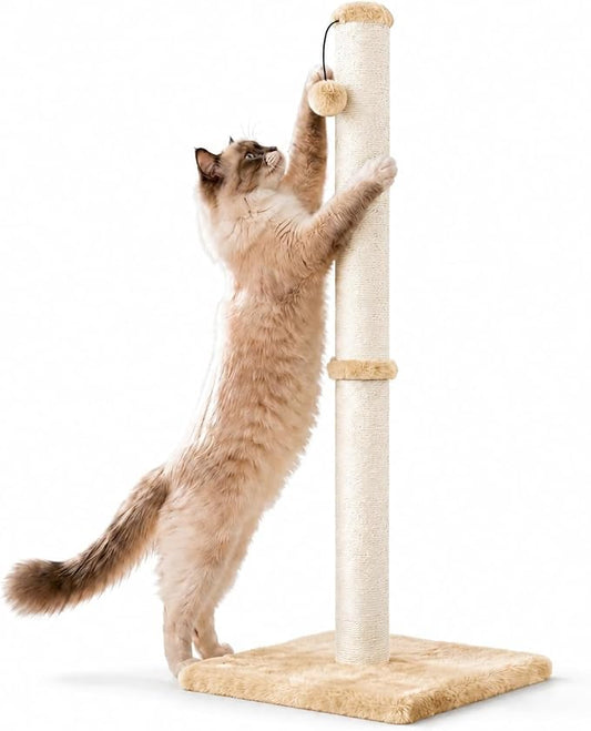 Dimaka 34" Height Tall Cat Scratching Post, Claw Scratcher with Sisal Rope and Covered with Soft Smooth Plush, Vertical Scratch [Full Strectch] (Light Brown, 34 inches for Large Cats)