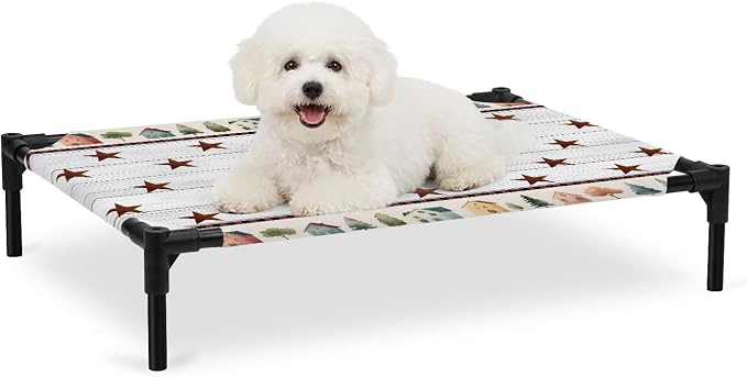 Outdoor Elevated Dog Bed for Medium Dogs, Farmhouse Star Wooden Breathable Cooling Raised Dog Cot for Indoor/Outdoor, Trees Grey Wooden Waterproof Elevated Pet Beds, M 24 x 20 in