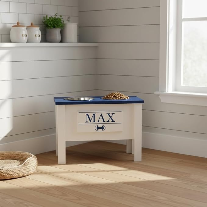 Elevated Dog Bowls for Large Dogs, Personalized Food Stand for Large Breed | Farmhouse Style, Elevated Wood Stand, Storage Container, Stainless Steel Bowls, Raised Anti-Slip Feeder, Made in USA