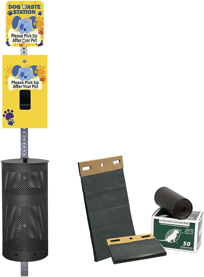 ZERO WASTE USA - Aluminum Dog Waste Station - Cartoon Dogs | Matte Black | DISPENSE-ART™ UV printed aluminum station with MittN™ mitten bags, 25% more dispenser storage, commercial outdoor design