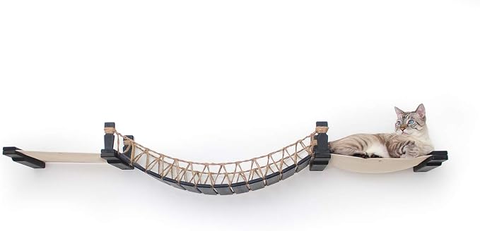 CatastrophiCreations Cat Bridge Wall-Mounted Play and Lounge Toy Cat Tree with Fabric Lounger for Pets, Onyx Bamboo/Natural Canvas