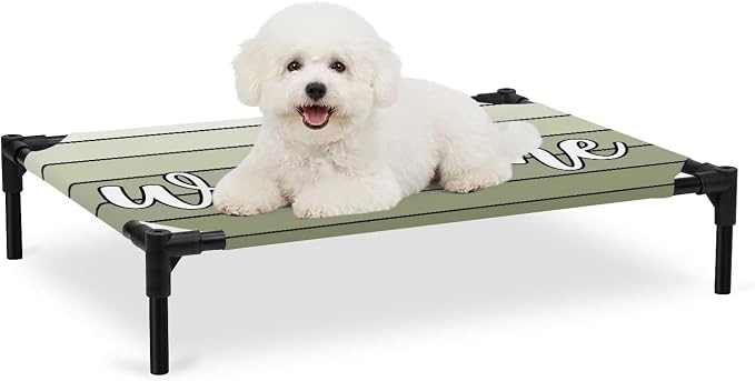 Outdoor Elevated Dog Bed for Medium Dogs, Sage Green Wooden Grain Breathable Cooling Raised Dog Cot for Indoor/Outdoor, Gradient Farmhouse Wood Plank Waterproof Elevated Pet Beds, M 24 x 20 in