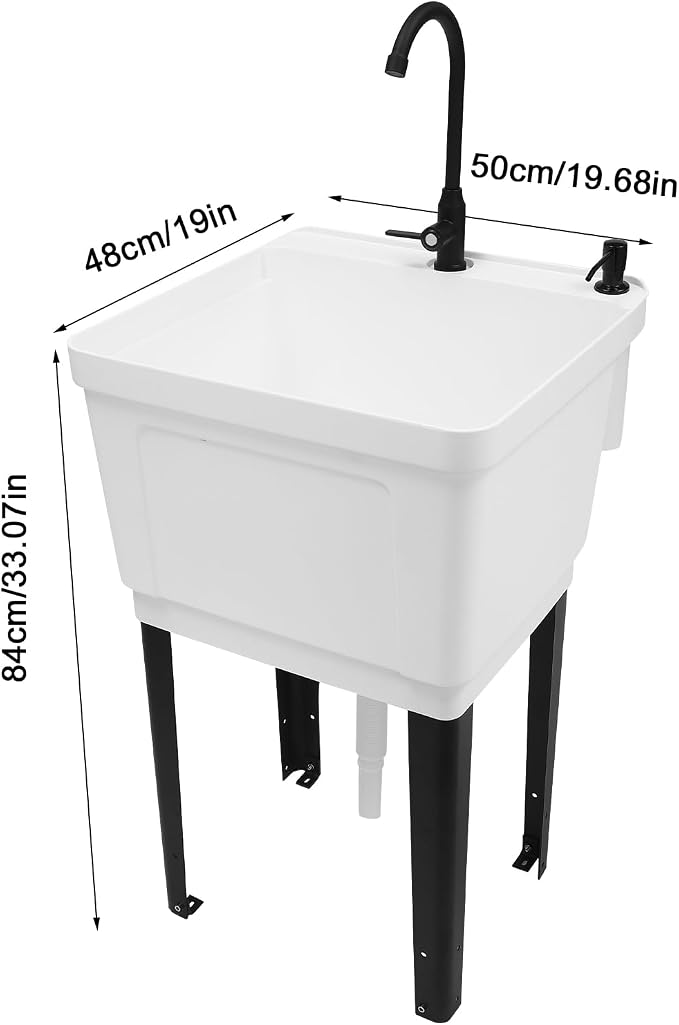 Tall Freestanding Plastic Utility Sink with Rotatable Faucet White | Equipped with Hose Hook Up, Built-In Soap Box and Soap Dispenser, Four Iron Support Feet, Suitable for Laundry and Pet Bath