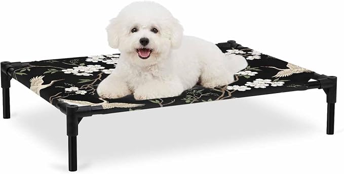 Outdoor Elevated Dog Bed for Medium Dogs, Spring Floral Breathable Cooling Raised Dog Cot for Indoor/Outdoor, Branches Birds Flowers Modern Art Waterproof Elevated Pet Beds, M 24 x 20 in