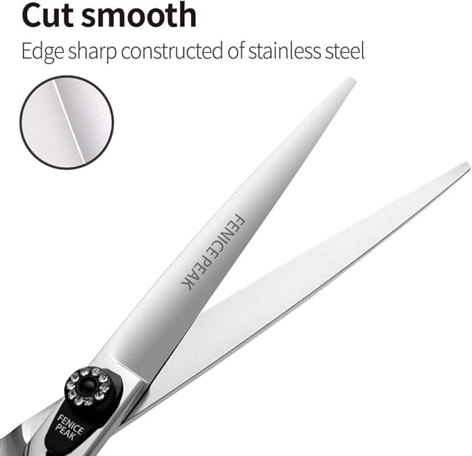 Fenice Peak 8.0'' Dog Straight Scissors For Grooming Pet Hair Cutting Shears 440C Stainless Steel Black Non-Slip Handle Sharp Blades Professional Pet Trimming Scissors for Cats