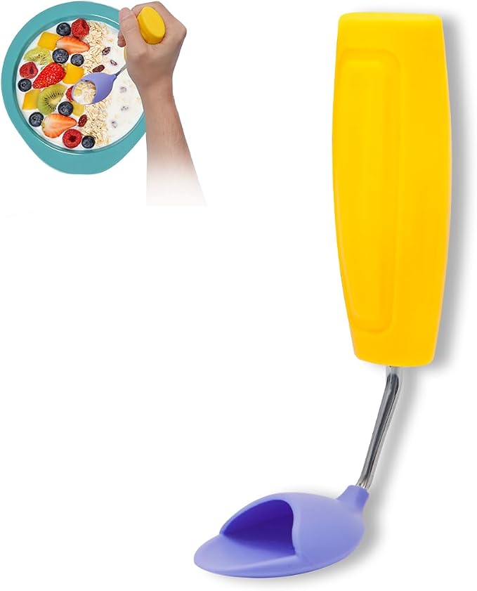 Anti-Tremor Spill Shield Spoon for Hand Tremors Parkinsons, Weighted Adaptive Utensils with Large Enclosed Scoop, Ergonomic Non-Slip Handle, Dishwasher Safe (Yellow, Forward-Tilt)