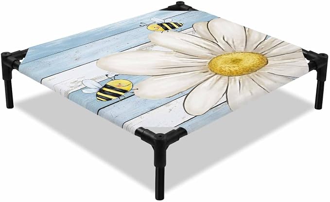 Outdoor Elevated Dog Bed for Small Dogs, White Daisy Rustic Breathable Cooling Raised Dog Cot for Indoor/Outdoor, Pastoral Flowers Honeybees Blue Wood Waterproof Elevated Pet Beds, S 20 x 20 in