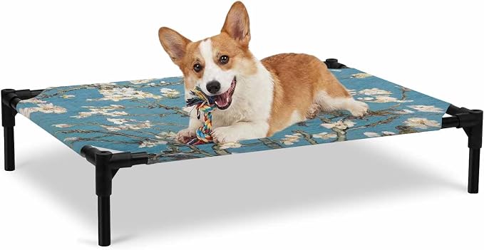 Outdoor Elevated Dog Bed for Large Dogs, Flowers Branches Breathable Cooling Raised Dog Cot for Indoor/Outdoor, Farmhouse Turquoise Sky Moon Tree Waterproof Elevated Pet Beds, L 28 x 22 in