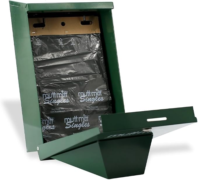 Mutt Mitt® Aluminum Dog Waste Bag Dispenser - No Bags (Green) | Rust-proof aluminum header bag dispenser, locking hood, fits all 5" header bags, 2 keys & mounting hardware included