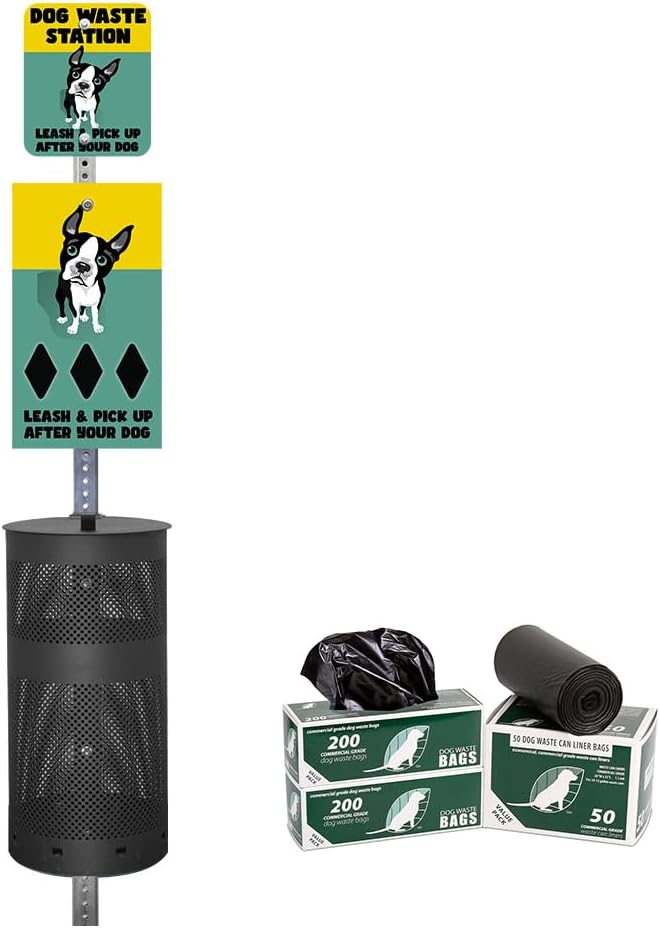 ZERO WASTE USA Designer Dog Waste Station - Dual Color Dogs Boston Terrier - Roll Bag System - Rustproof Powder Coated Aluminum - Free 400 Waste Bags & 25 Can Liners - Matte Black