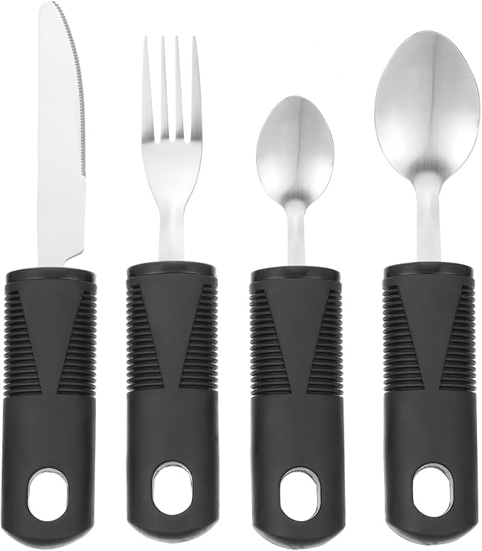 Healifty Adaptive Utensils Set for Elderly: 4 Piece Weighted Silverware for Hand Tremors, Elderly Seniors, Arthritis Grip Aids. Stainless Steel Fork, Spoon, Knife Tableware Kit