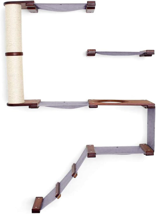 CatastrophiCreations Deluxe Cat Fort Wall Mounted Lounge Climb and Play Furniture Cat Tree Shelves DLF11ENCH English Chestnut Bamboo/Charcoal Gray Canvas