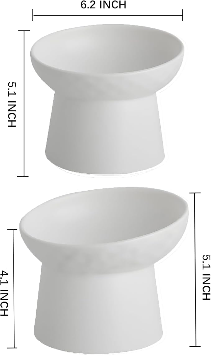 Elevated Cat Bowls, 15° Tilted Ceramic Raised Cat Food and Water Bowl Set, Whisker-Friendly Porcelain Pet Feeder Dishes for Indoor Cats and Small Dogs,White,6.2 Inch,2 Pack