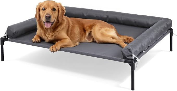 Cooling Elevated Dog Bed, 30x41.8 Raised Dog Bed with Removable Bolster Cushion, Breathable Mesh, Non-Slip Feet, and Metal Frame for Large Breeds Indoor Outdoor | Raised Dog Bed with Removable Bolster Cushion, Sturdy Metal Frame, Non-Slip Feet, for Lar...