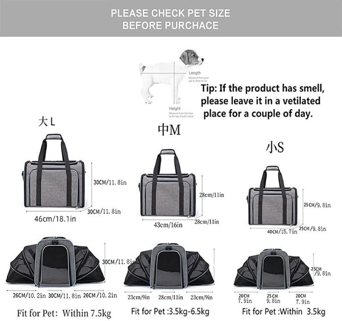 Airline Approved Expandable Pet Carrier for Cats & Small Dogs up to 6kg - Foldable, 3-Way Carry for Airplane & Outdoor (Grayish Blue,Large)