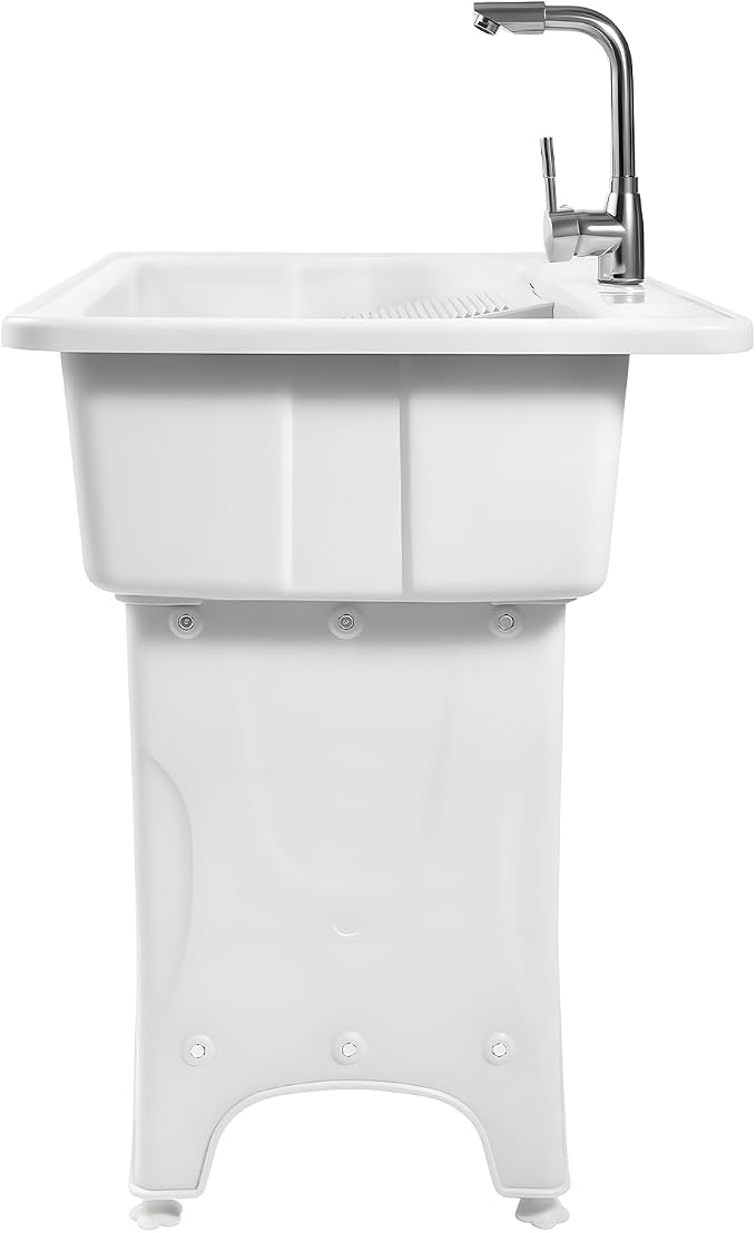 Plastic Utility Sink with 360° Swivel Hot and Cold Faucet White | 154 lbs Load Capacity, Equipped with Hose Hook Up, Includes Washboard, Bottom Storage Board, Suitable for Garages and Gardens