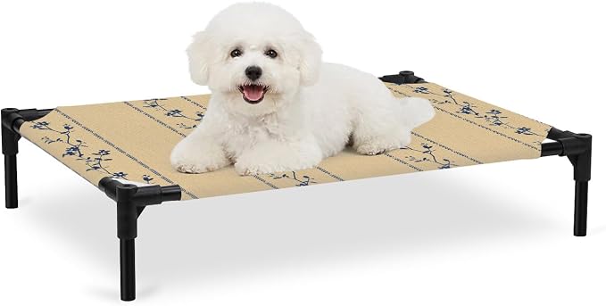Outdoor Elevated Dog Bed for Medium Dogs, Khaki Flower Branch Breathable Cooling Raised Dog Cot for Indoor/Outdoor, Spring Summer Farmhouse Botanical Waterproof Elevated Pet Beds, M 24 x 20 in