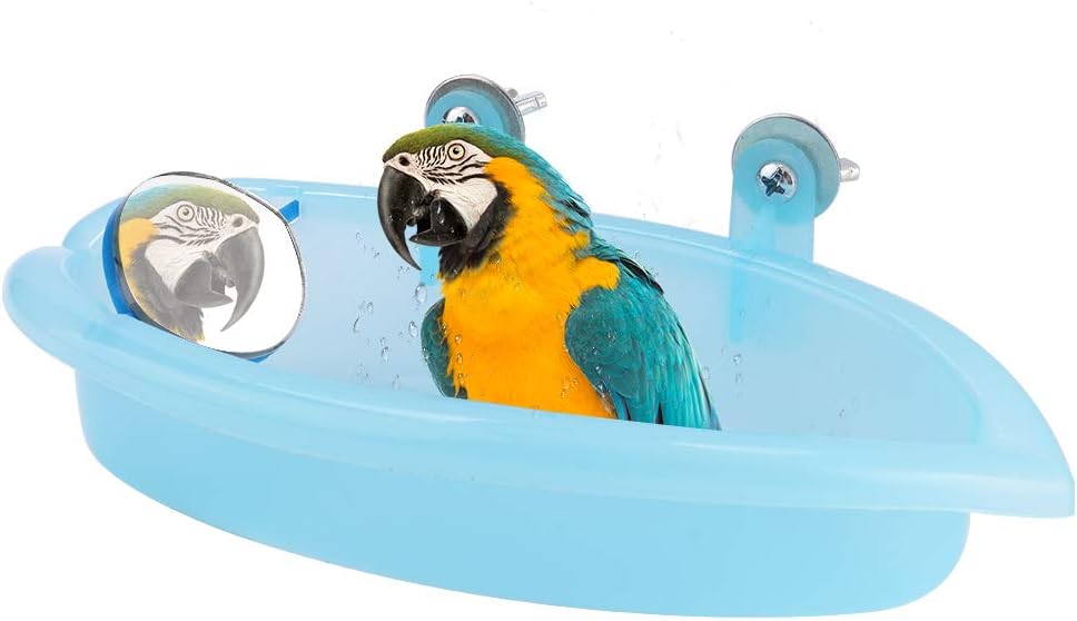 Tnfeeon Pet Bird Bathing Box, Cute Blue Pet Parrot Bathtub Box with Mirror Bird Cage Toy Accessory 7.4x3.9 in for Small Parakeet